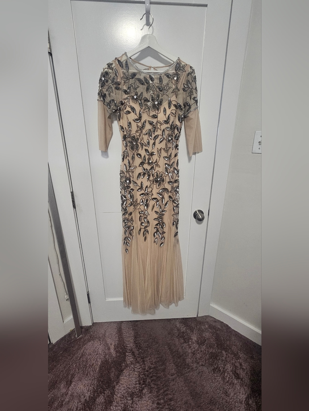 Adrianna Pappel Embellished Beige Beaded Gown with Sheer Tulle